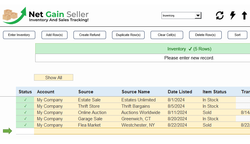 Net Gain Seller Inventory screen.